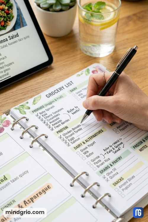 A close-up of a pen checking off items on the categorized grocery list section of a printable weekly meal planner