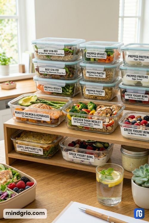 A colorful assortment of weekly meal prep containers featuring balanced macros, vegetables, and healthy fats