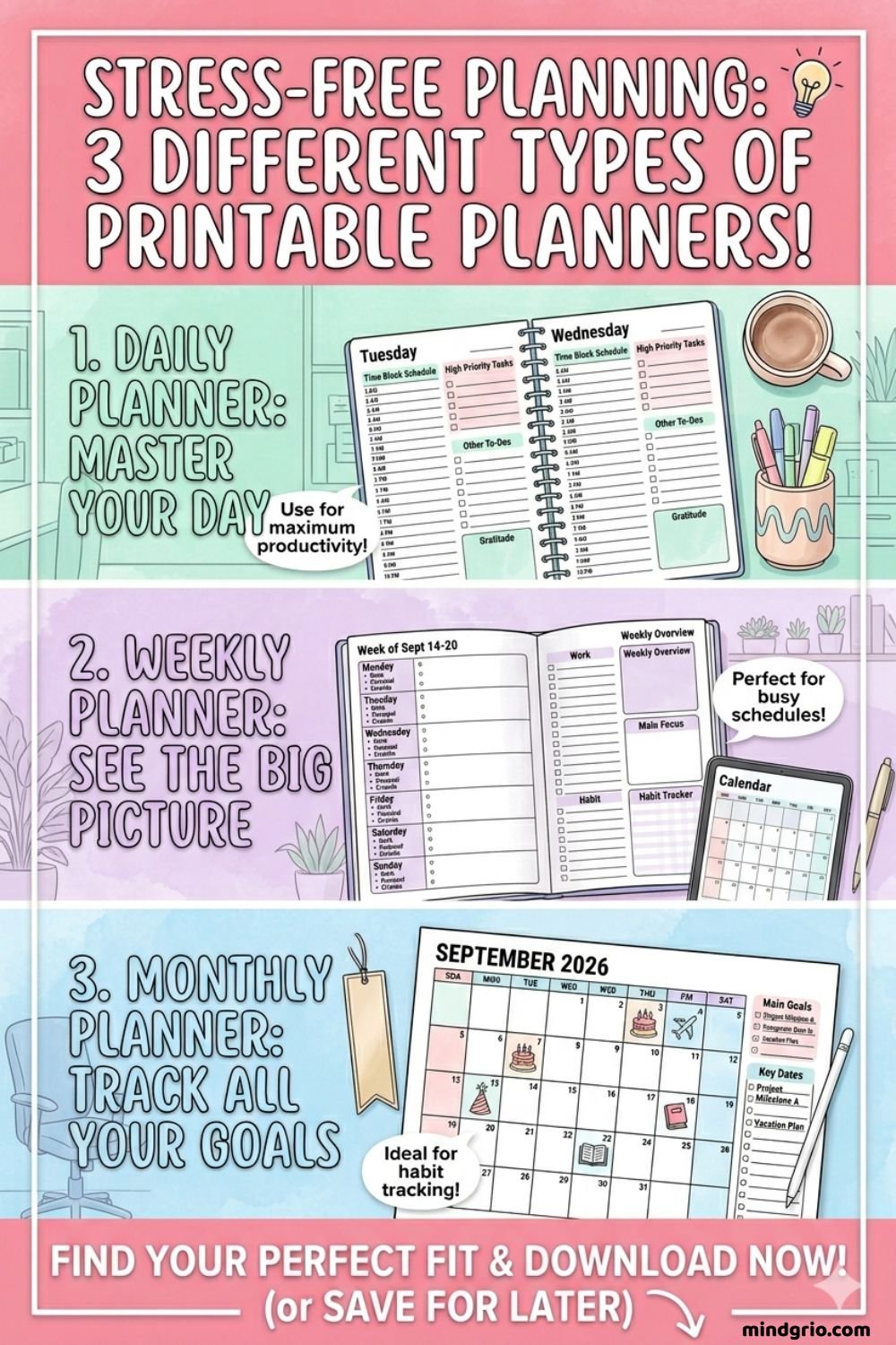 different types of printable planners daily weekly monthly layout