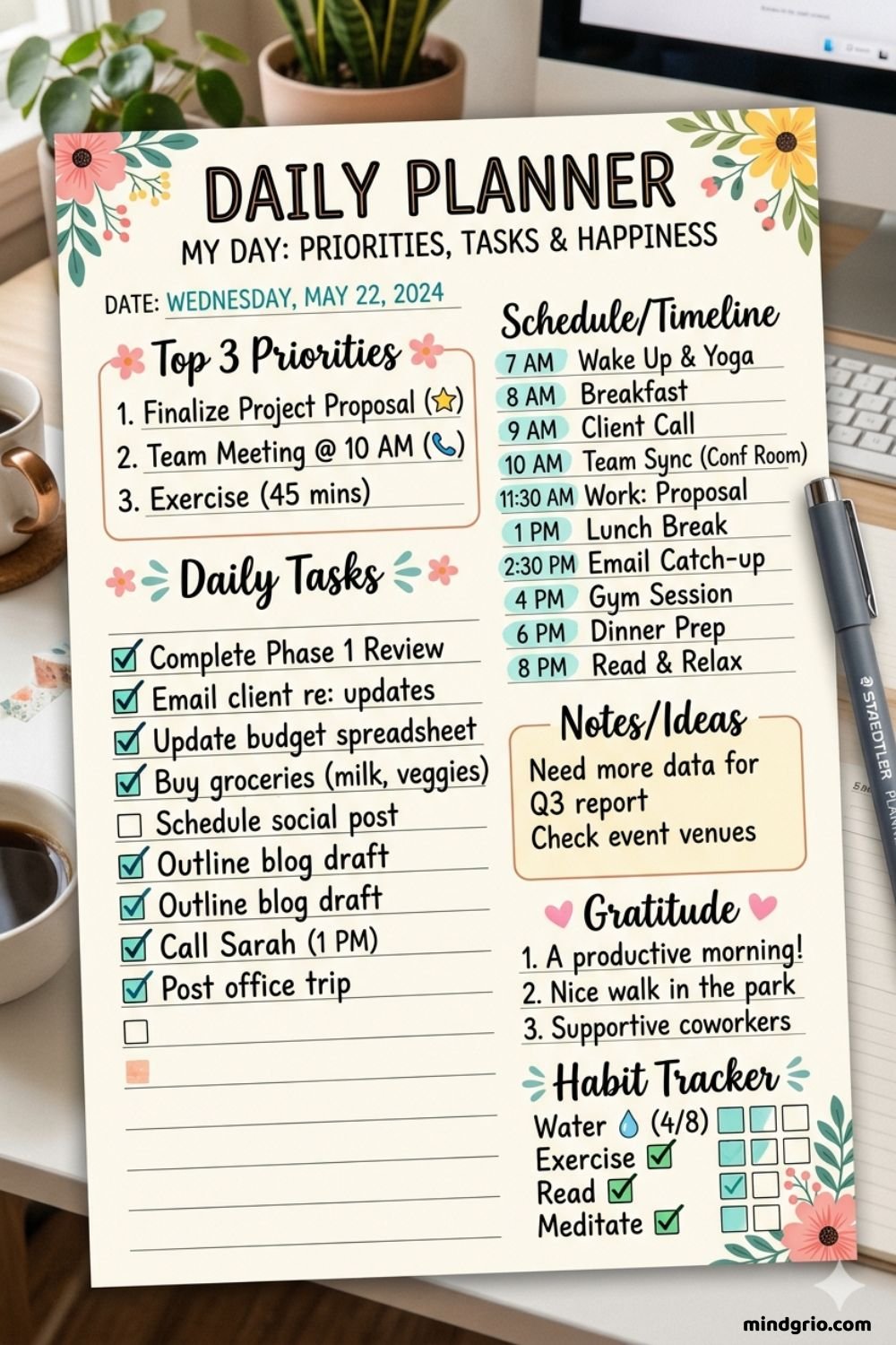 example of filled daily printable planner with tasks
