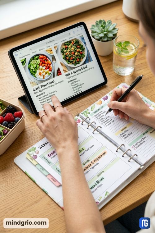 Hands writing a weekly grocery list on a printable meal planner while looking at a tablet for recipe inspiration